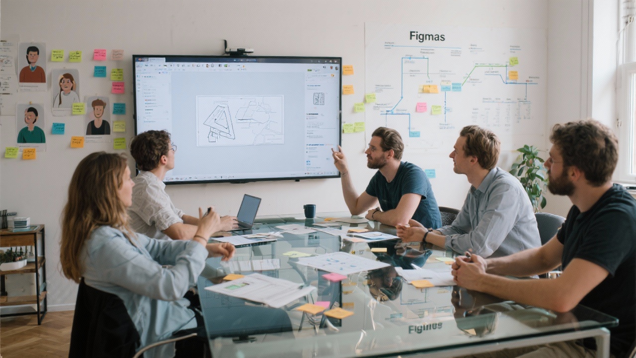 Creative agency meeting in Amsterdam with strategists reviewing Figma prototypes on large screen, sticky personas on wall, and product roadmap spread across glass table.