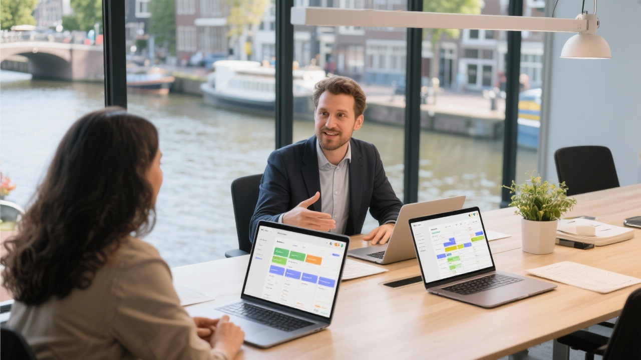 Figma training advisor speaking with client at modern Amsterdam office table, laptops open showing scheduling dashboard, with canal view in background.