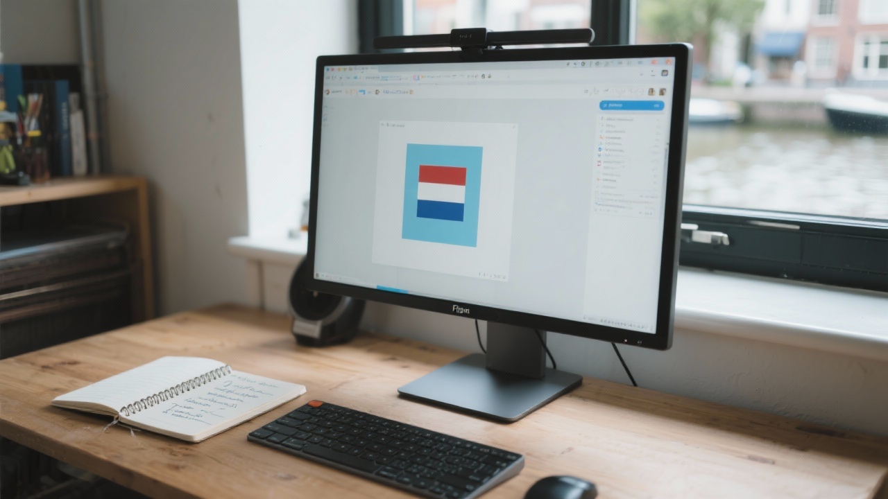 Close-up of workstation with Figma interface on large monitor, tactile keyboard, notebook with Dutch notes, and daylight from canal-side window.