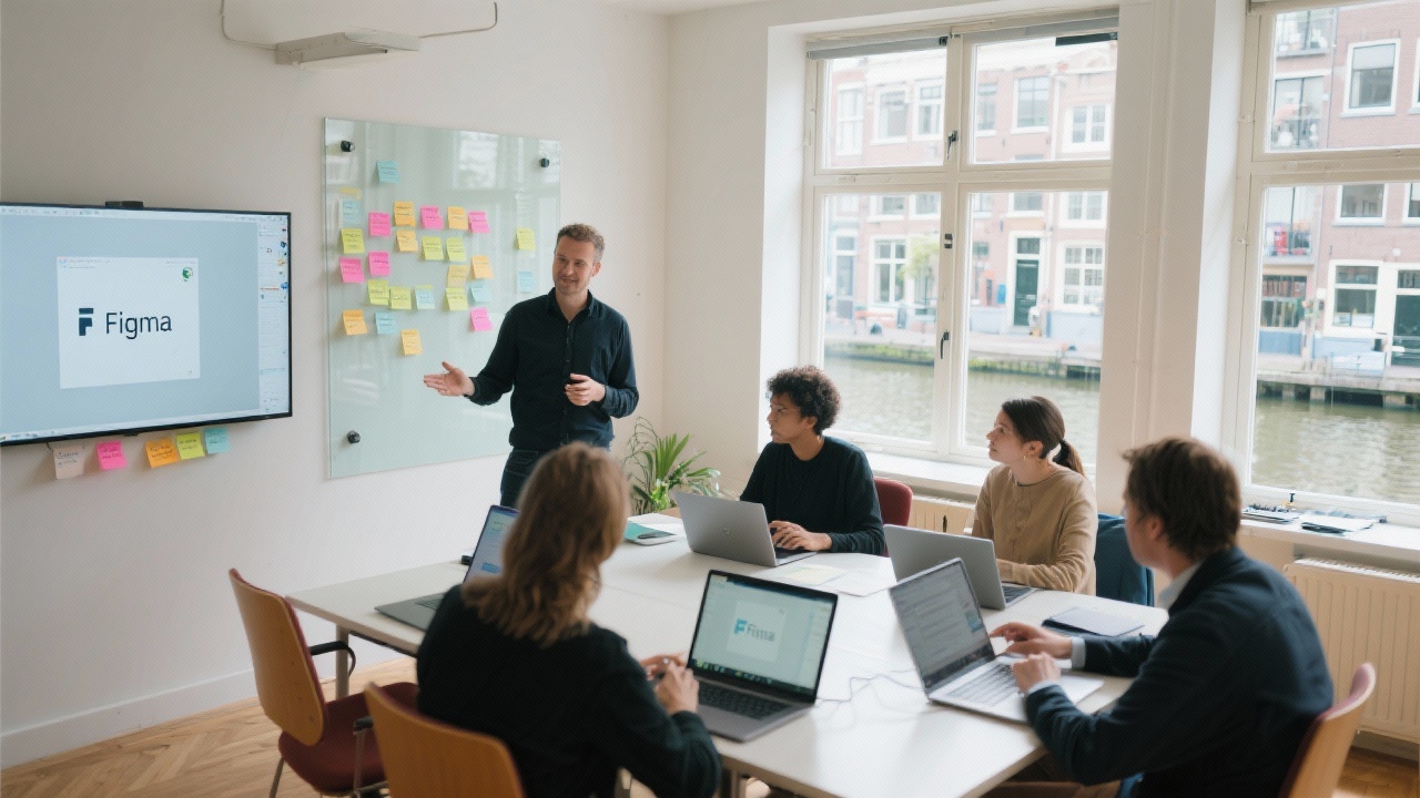 Bright training room in Amsterdam with designers collaborating around laptops using Figma on displays, large windows overlooking canal, sticky notes on glass board, instructor guiding workshop.