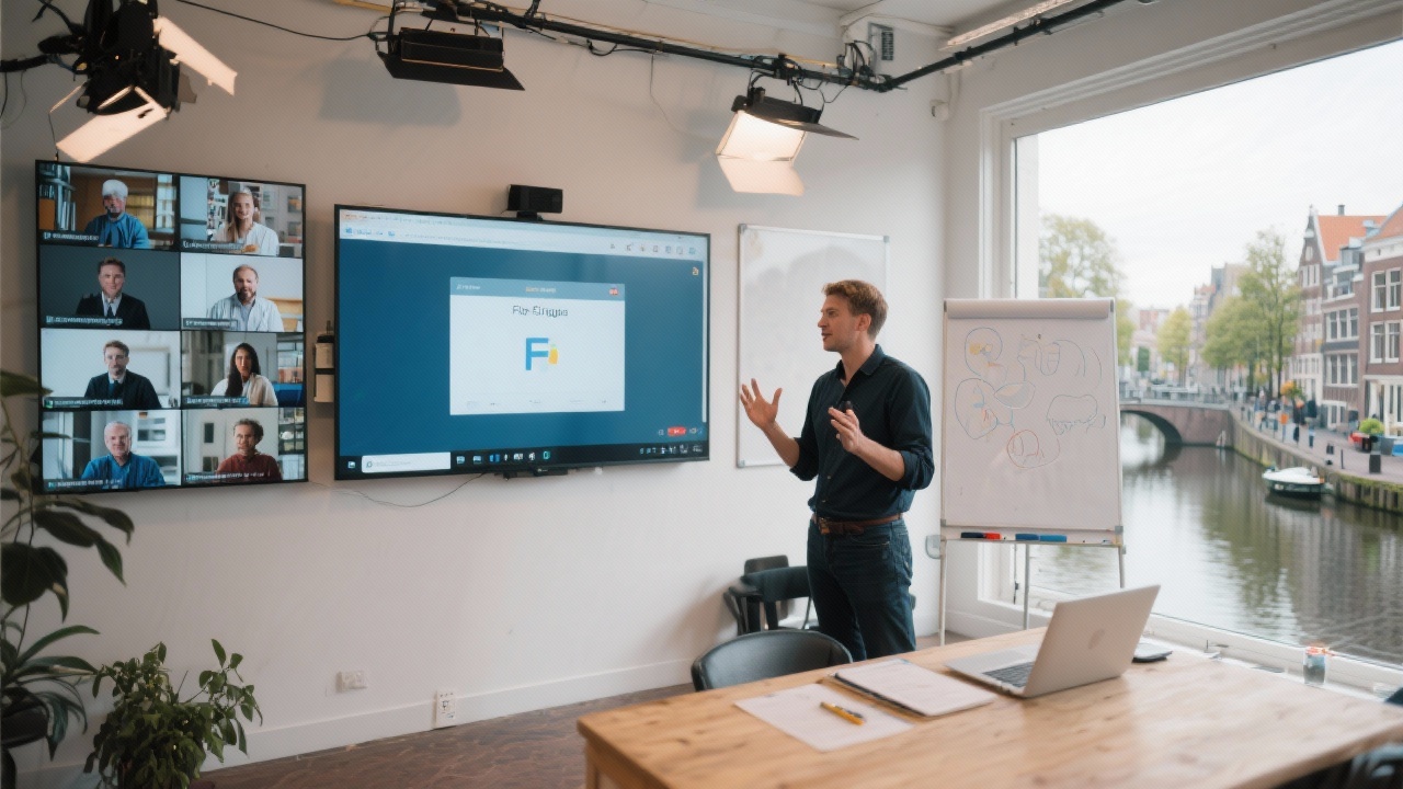 Instructor hosting hybrid Figma session with large screen, remote participants on monitor wall, and Dutch canal-side studio setting with whiteboards.