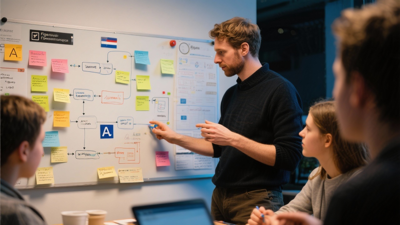 Close-up of Dutch design mentors guiding students through Figma collaboration board covered with flowcharts, sticky notes, and accessibility annotations during evening course session.