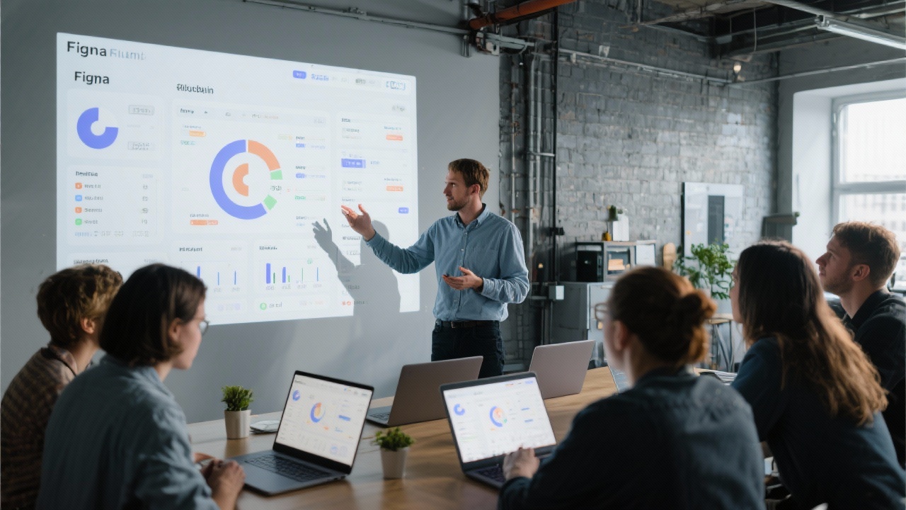 Dutch design mentor guiding small group through Figma plugin setup on laptops with detailed dashboard projected on wall in industrial studio.
