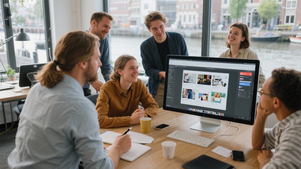 Group of Dutch product designers gathered around large monitor reviewing Figma portfolio slides with facilitator taking notes in modern canal-side office.
