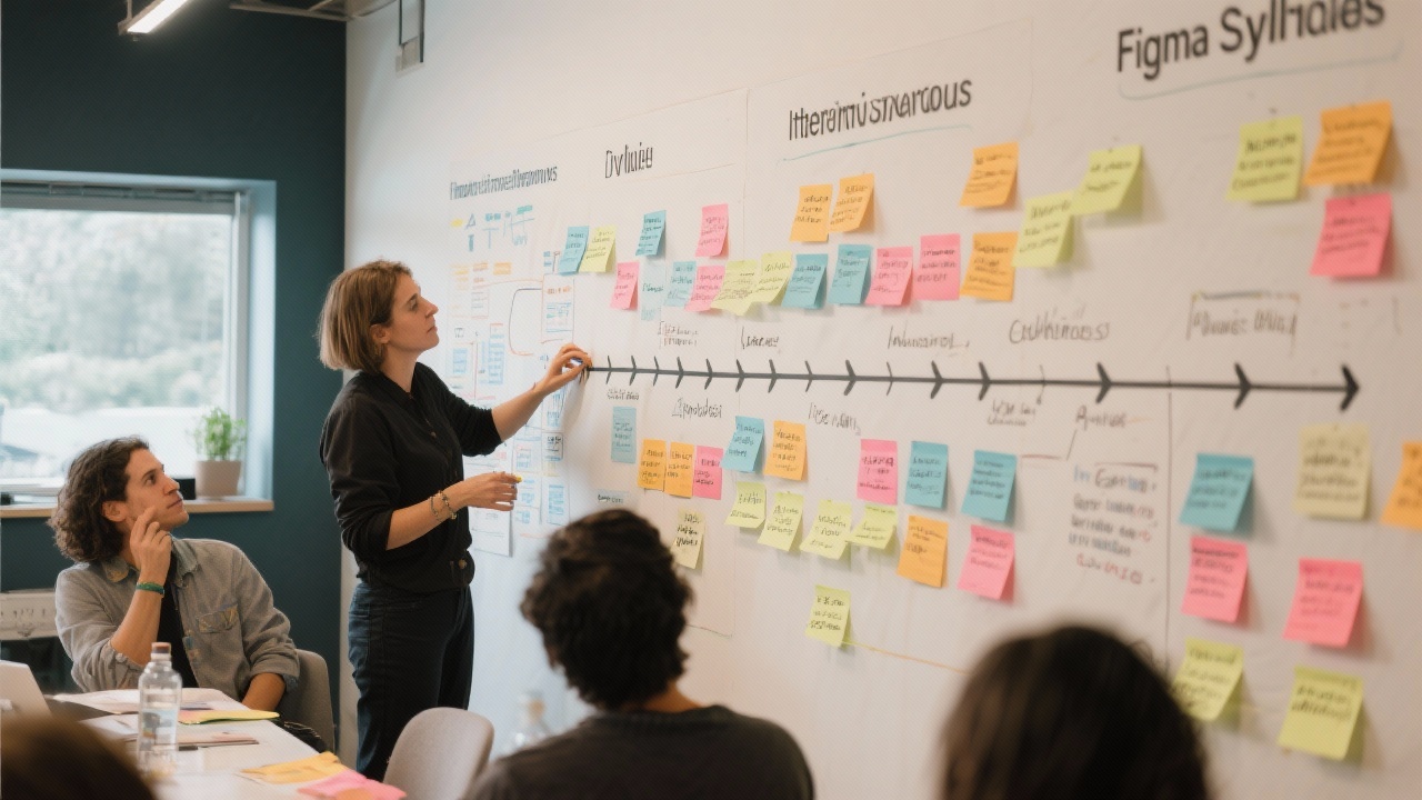 Detailed workshop wall with sticky notes mapping Figma syllabus modules, arrows indicating iteration cycles, and facilitator adjusting timeline during curriculum planning session.
