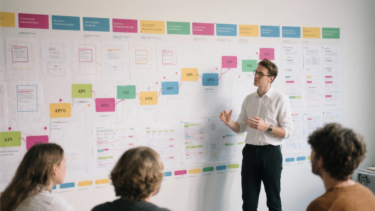 Detailed user journey wall with color coded phases, KPIs, and Figma frames printed on paper while Dutch design strategist presents to small team.