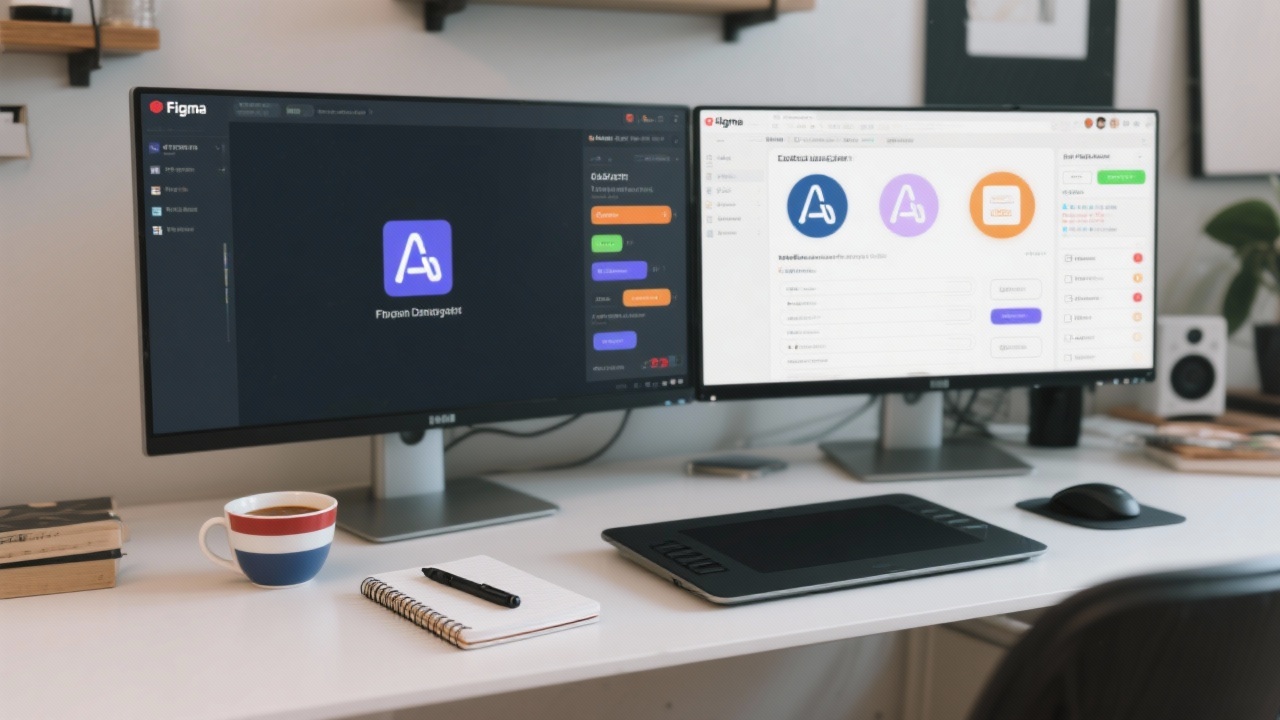 Modern workspace with dual monitors displaying Figma design system components, accessibility checklist notebook, and stylus next to Dutch coffee cup in creative studio.